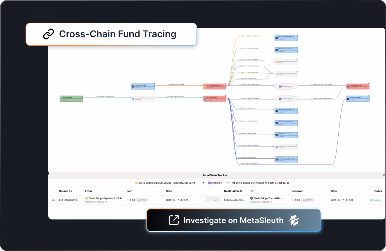 MetaSleuth entity network visualization exposing direct and indirect exposure clusters