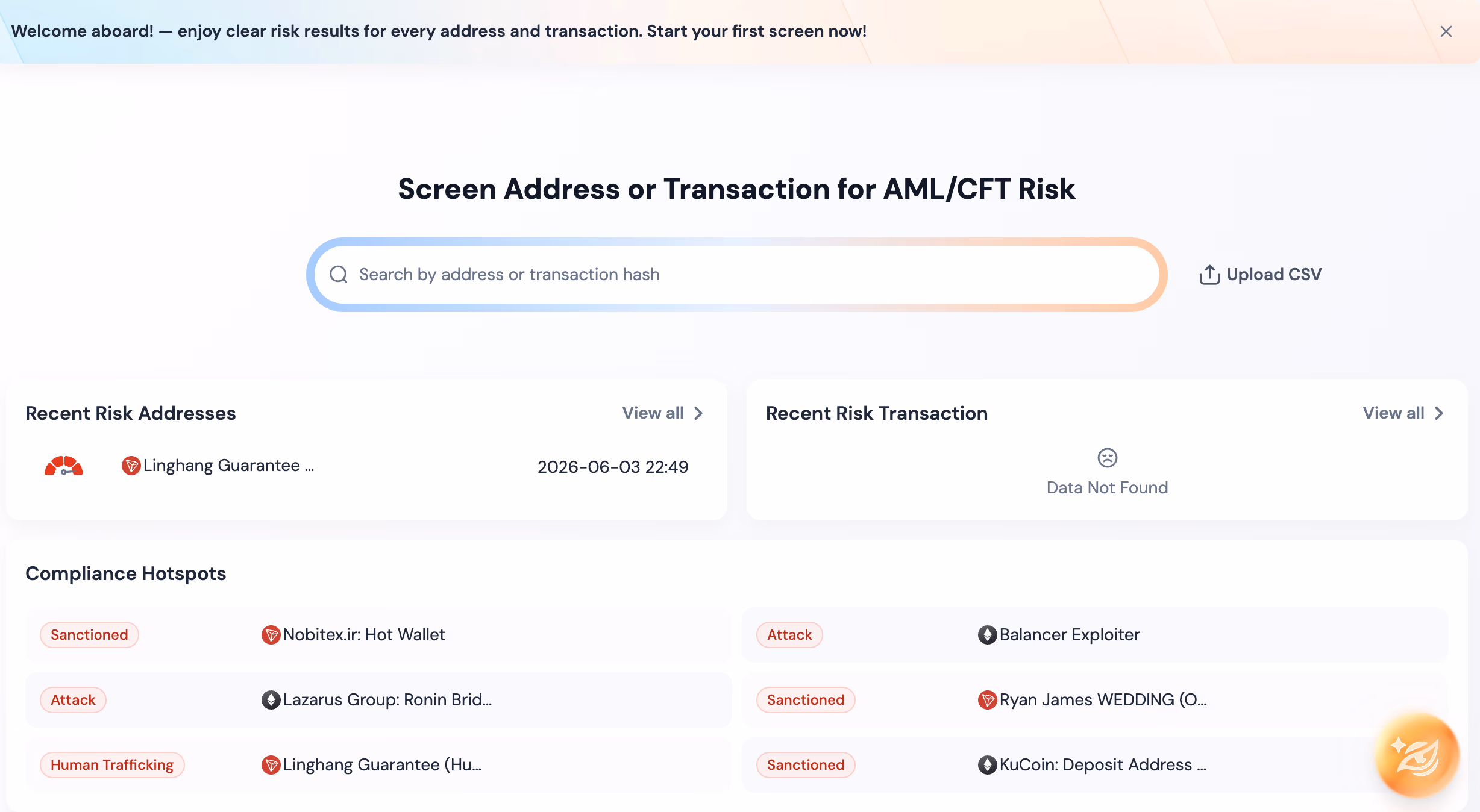 Phalcon Compliance address screening home interface for DeFi deposit borrow and swap node screening