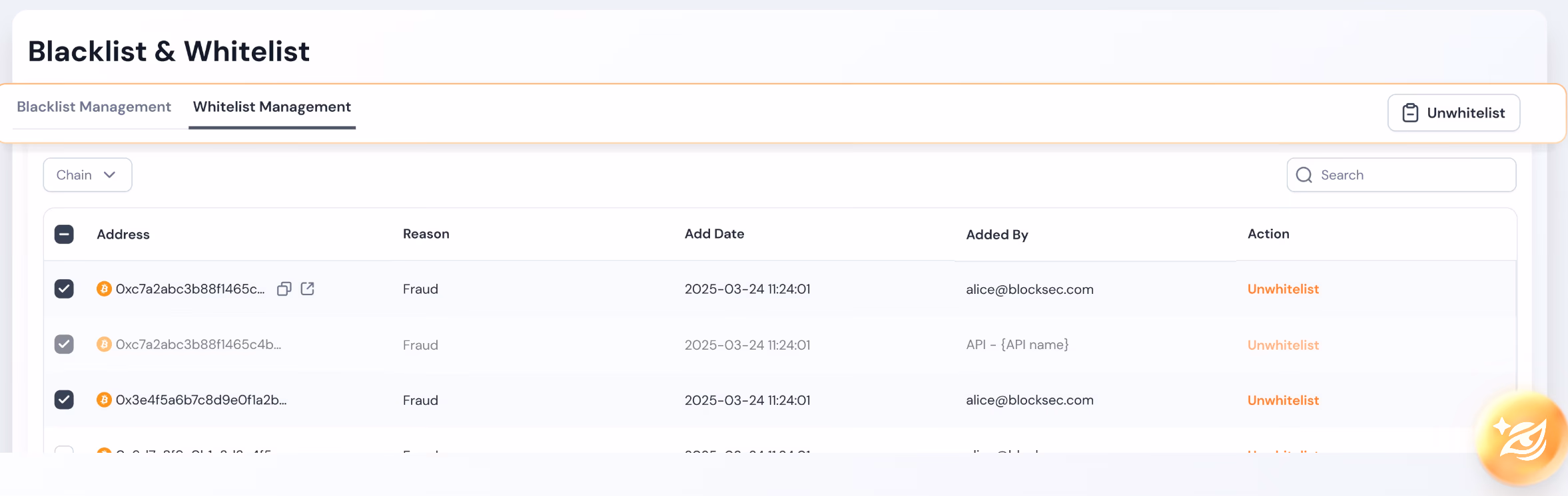 Blocklist and allowlist management panel showing how a vendor exposes sanctions and custom list control