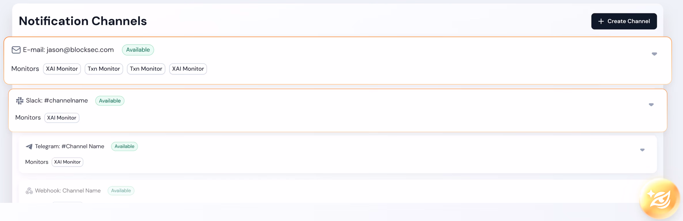 Email Slack and Telegram notification channels routing KYT API alerts to the compliance team