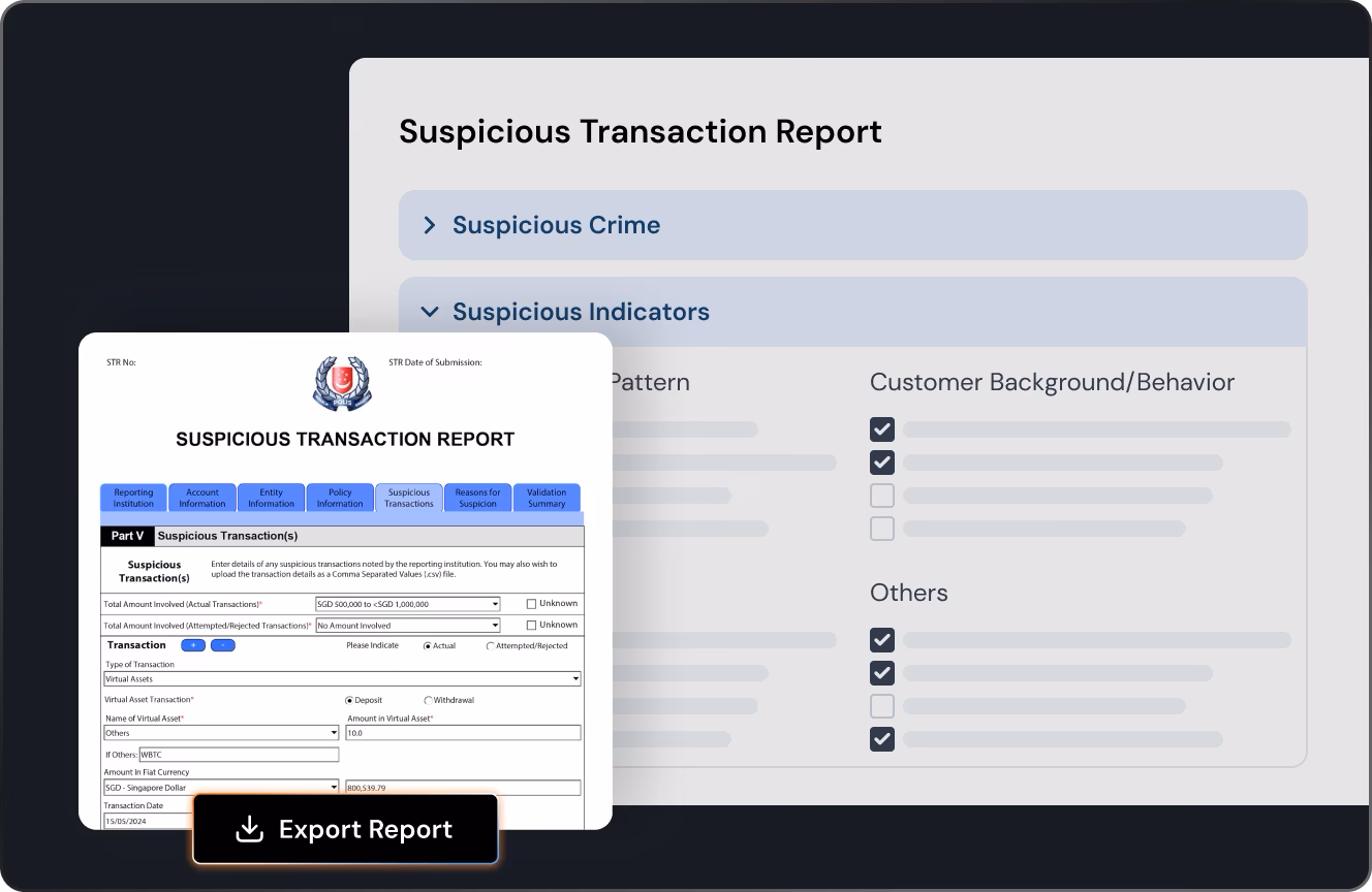 Audit-ready STR report with traceable evidence for regulator and law enforcement review