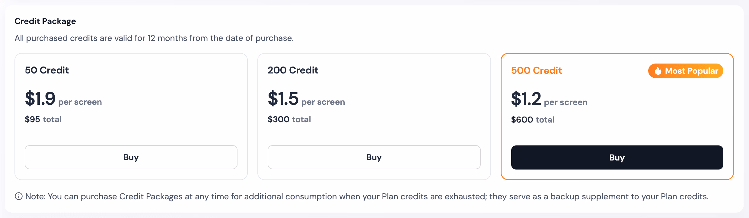 Pay-as-you-go credit packages showing per-screening pricing for small VASP budgets