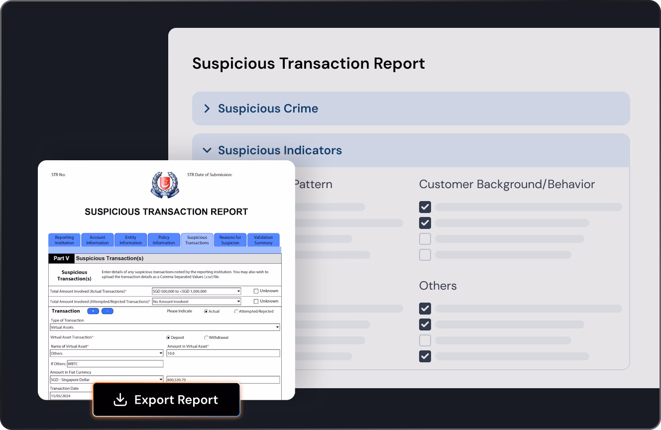 Suspicious transaction report form with transaction details and an export report button