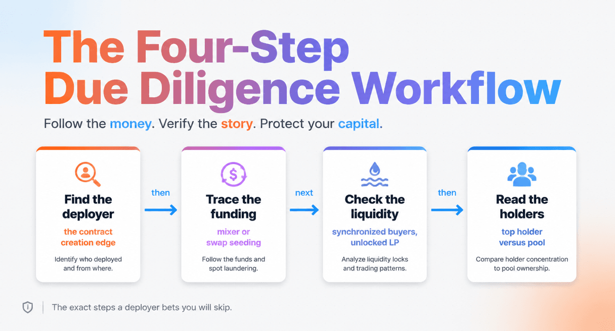 Four rug pull checks: find the deployer, trace the funding, check the liquidity, read the holders