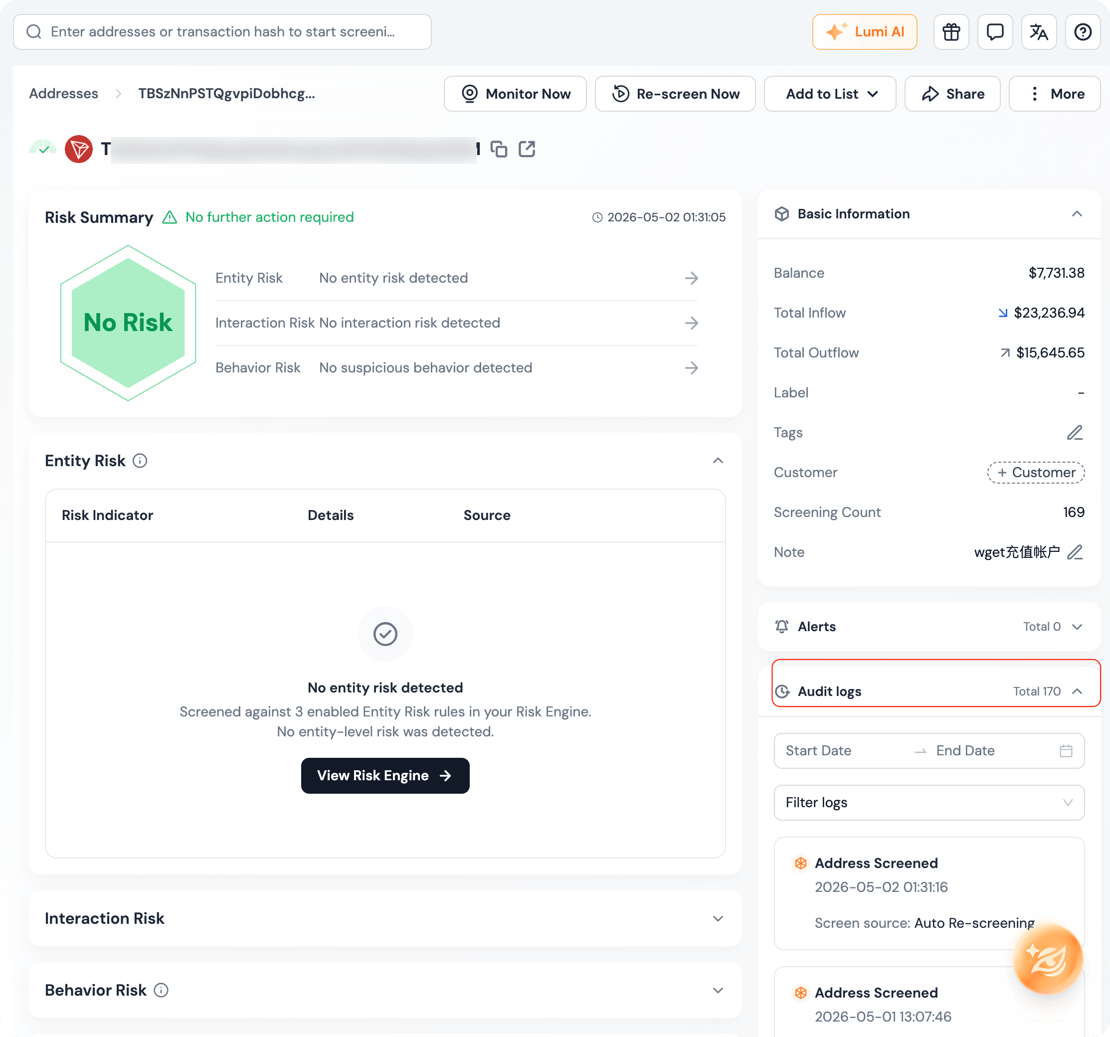 Phalcon Compliance screening view for a Tron USDT address showing a "No Risk" verdict with 170 audit-log entries stamped by timestamp and screening source (Auto Re-screening, manual re-screen, etc.). This dated event stream is exactly the documentary evidence the innocent-owner defense needs.