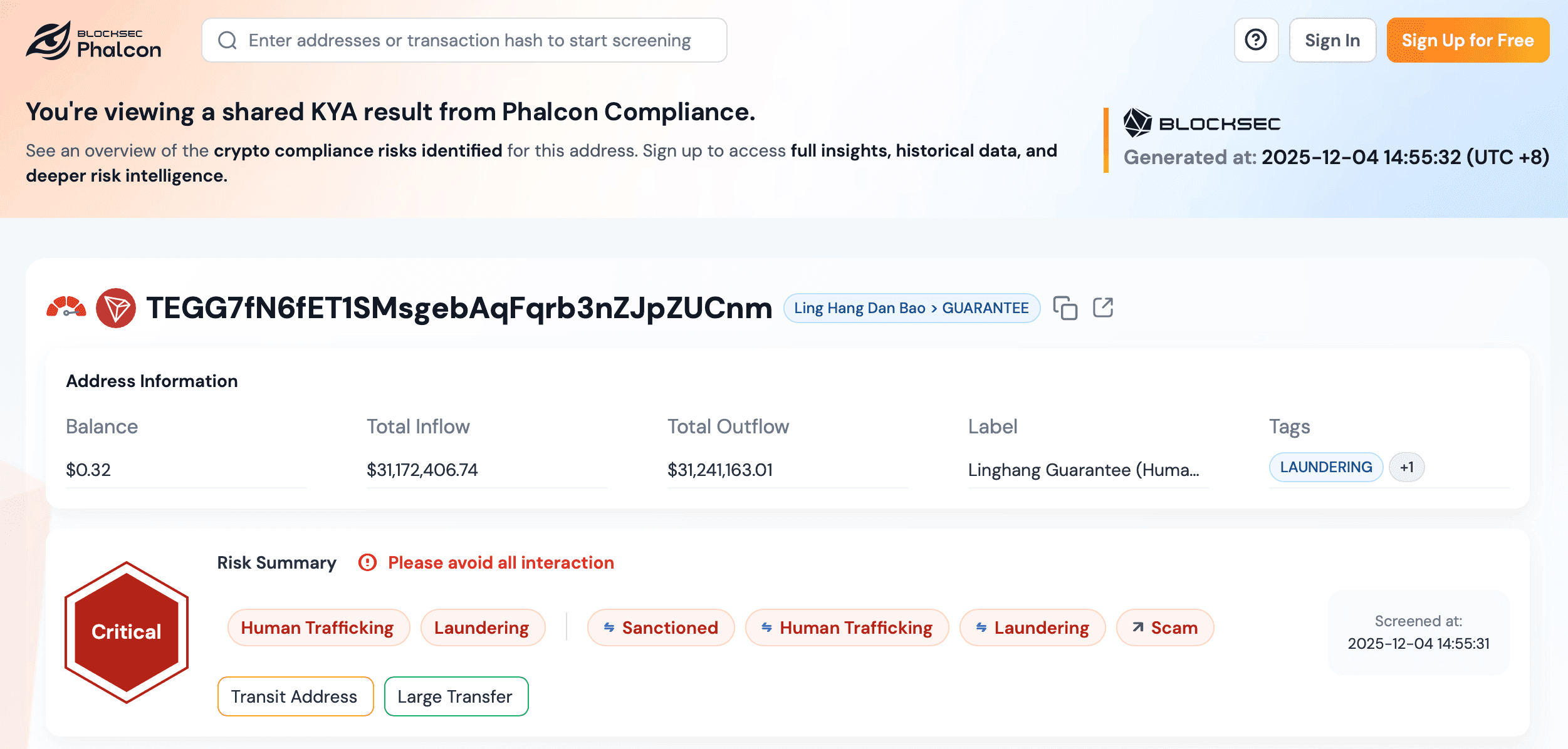 Phalcon Compliance 实时风险筛查仪表板