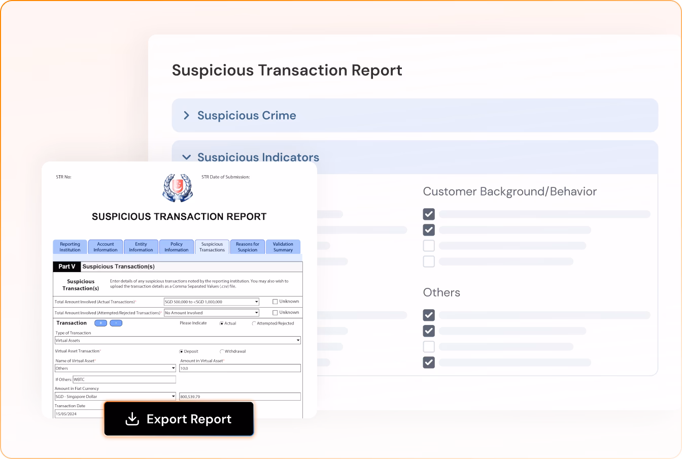 STR report export interface with suspicious indicators and transaction details
