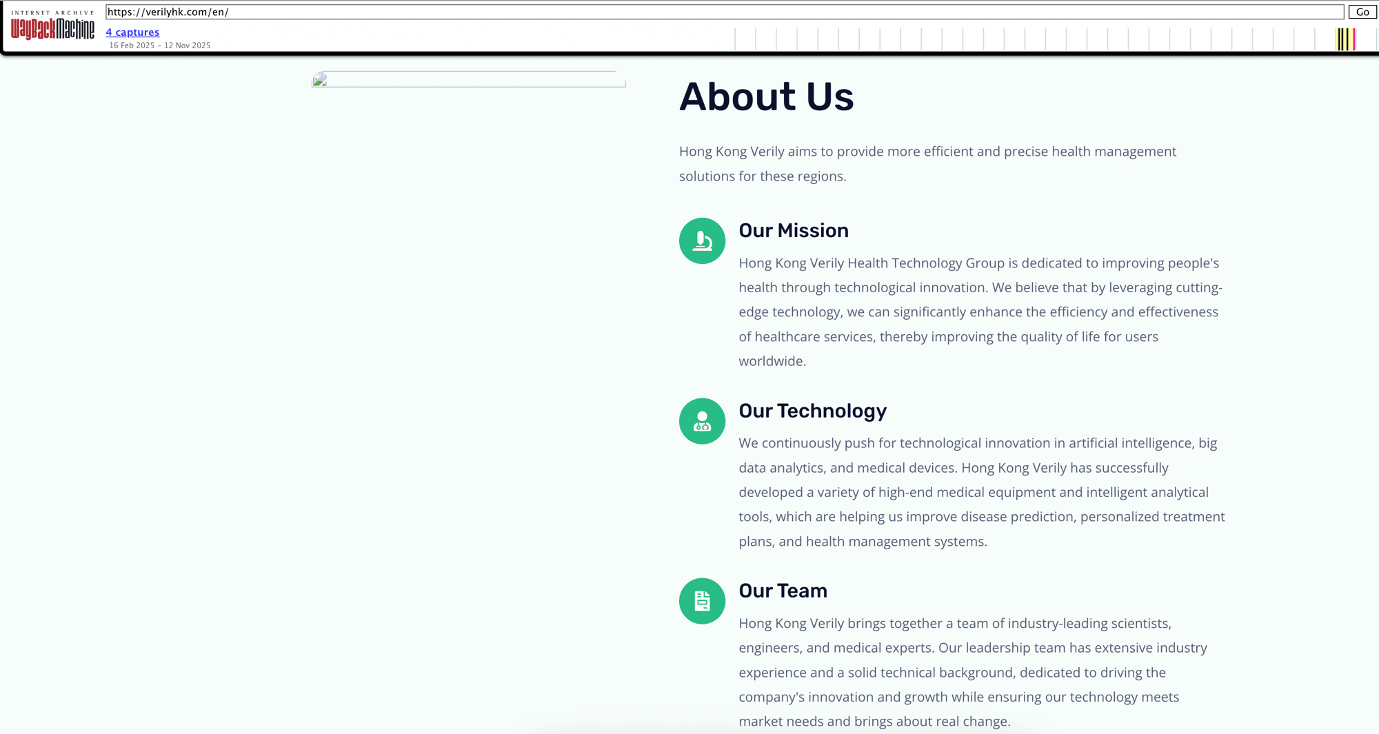 Snapshot der Wayback Machine von verilyhk.com, der die "Über uns"-Seite der Plattform zeigt und behauptet, Gesundheitsmanagementlösungen durch KI, Big Data und medizinische Geräte anzubieten