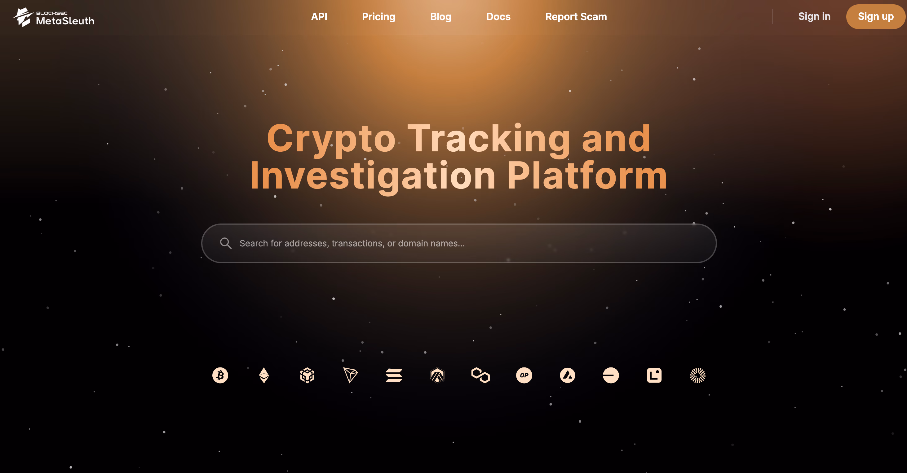 MetaSleuth home overview showing a retrospective on-chain investigation