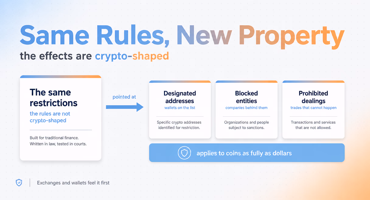 Una tarjeta de reglas apunta a tres tarjetas de bienes blockchain: direcciones designadas, entidades bloqueadas y operaciones prohibidas, sobre una barra que indica que se aplican a las monedas