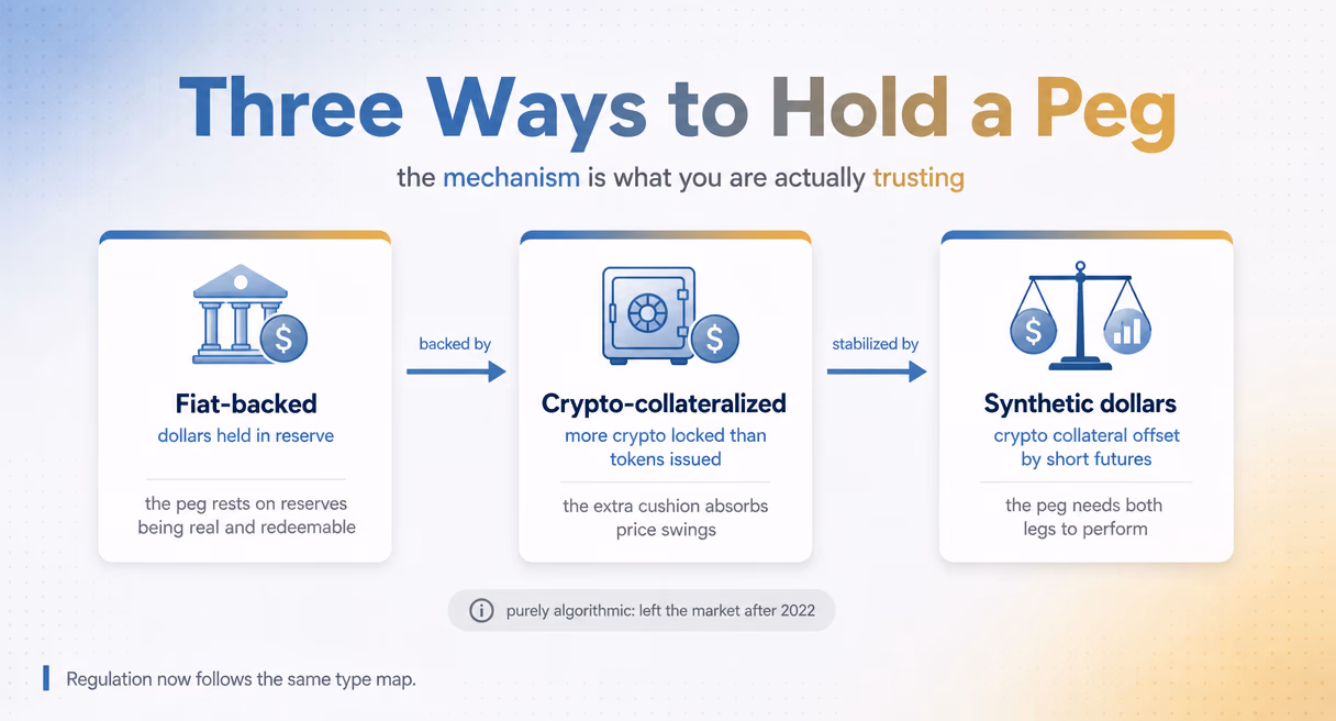 Three ways to hold a peg: fiat-backed reserves, crypto-collateralized with an extra cushion, synthetic dollars with offsetting positions