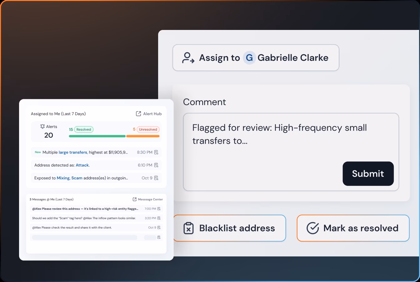 Alert workspace with resolved and unresolved alert counts, teammate messages, and case actions to assign, blacklist, or resolve