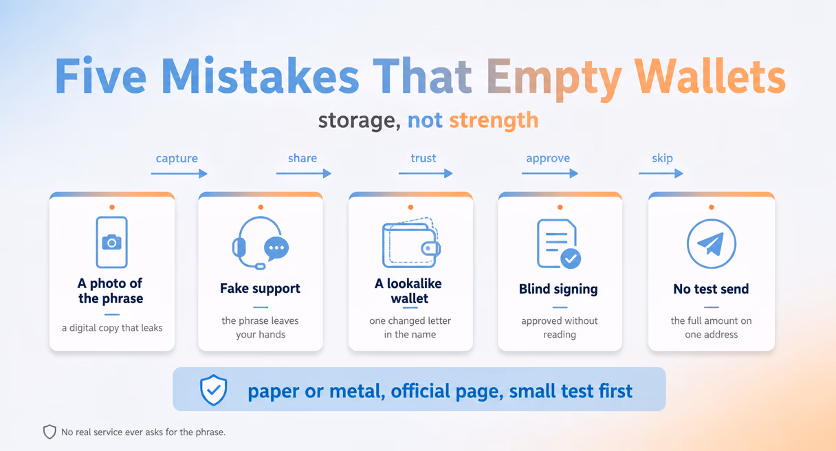 Five common seed phrase mistakes shown as cards, with a bar listing safe storage habits